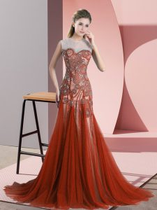 Artistic Rust Red Tulle Backless Prom Evening Gown Sleeveless Sweep Train Beading