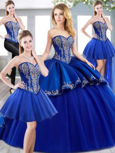 High Class Sleeveless Tulle Sweep Train Lace Up Quinceanera Gown in Royal Blue with Beading and Embroidery