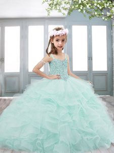Apple Green Tulle Lace Up Little Girls Pageant Dress Sleeveless Brush Train Beading