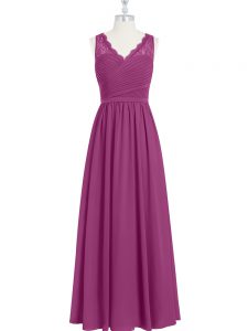 Lovely Floor Length Fuchsia Prom Evening Gown Chiffon Sleeveless Lace and Ruching