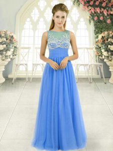 Floor Length Blue Prom Party Dress Tulle Sleeveless Beading