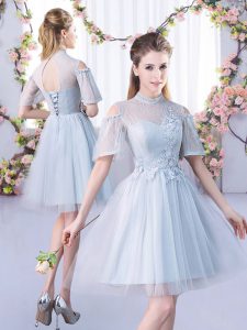 Low Price Grey High-neck Neckline Lace Damas Dress Short Sleeves Lace Up