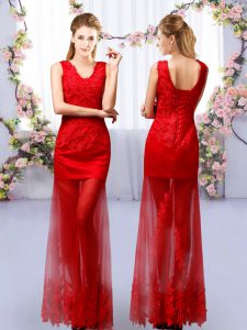 Colorful Tulle V-neck Sleeveless Lace Up Lace Quinceanera Court Dresses in Red