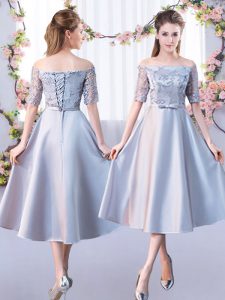Silver Half Sleeves Tea Length Lace Lace Up Wedding Party Dress