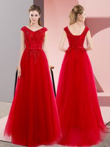 Best Selling Short Sleeves Floor Length Beading and Lace Lace Up Prom Dress with Red Sweep Train