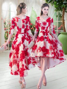 Eye-catching White And Red Lace Up Belt Half Sleeves High Low