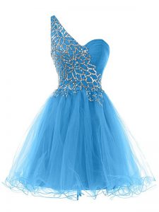 Blue Sleeveless Beading Mini Length Prom Dresses