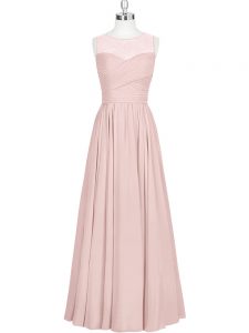 Delicate Floor Length Baby Pink Prom Party Dress Chiffon Sleeveless Ruching