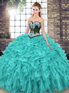 Sophisticated Sweetheart Sleeveless Organza Sweet 16 Quinceanera Dress Embroidery and Ruffles Sweep Train Lace Up