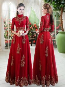 Wonderful Wine Red Empire Lace Formal Dresses Zipper Tulle 3 4 Length Sleeve Floor Length