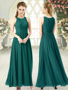 Scoop Sleeveless Prom Dresses Ankle Length Ruching Green Chiffon