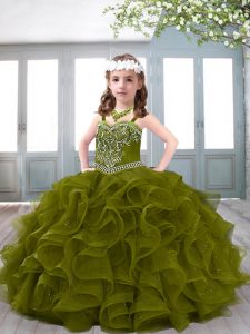 Floor Length Olive Green Kids Pageant Dress Straps Sleeveless Lace Up