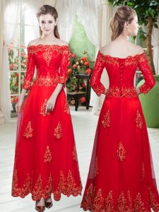 Eye-catching Red A-line Lace and Appliques Prom Dress Tulle 3 4 Length Sleeve Floor Length