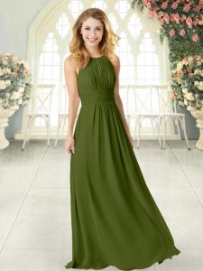 Traditional Sleeveless Chiffon Floor Length Zipper Prom Dress in Olive Green with Ruching