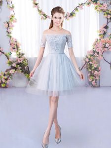 Adorable Mini Length Grey Court Dresses for Sweet 16 Tulle Short Sleeves Lace