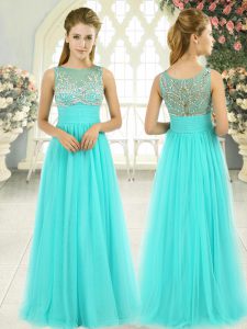 Aqua Blue Backless Prom Evening Gown Beading Sleeveless Floor Length