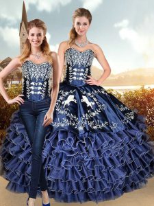 Navy Blue Ball Gowns Organza Sweetheart Sleeveless Embroidery and Ruffled Layers Floor Length Lace Up Quinceanera Dresses