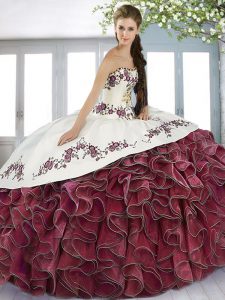 Sweetheart Sleeveless Quinceanera Gown Floor Length Beading and Embroidery and Ruffles Fuchsia and White And Red Satin and Organza