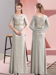 Grey Column/Sheath Scoop Half Sleeves Belt Floor Length Zipper Prom Evening Gown