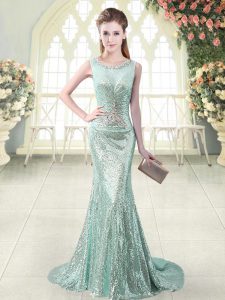 Apple Green Evening Dress Prom and Party and Military Ball with Beading Scoop Sleeveless Brush Train Zipper