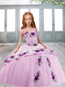 Popular Satin Straps Sleeveless Sweep Train Lace Up Embroidery Pageant Gowns For Girls in Lilac