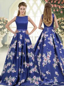 Fitting Royal Blue Scoop Neckline Beading and Pattern Homecoming Dress Sleeveless Backless