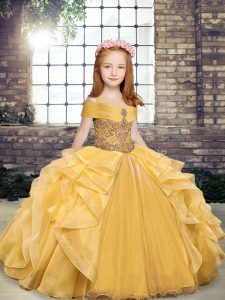 Latest Ball Gowns Child Pageant Dress Gold Off The Shoulder Organza Sleeveless Floor Length Lace Up