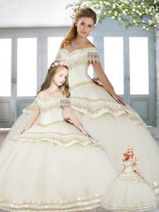 Comfortable Short Sleeves Lace Up Floor Length Beading and Lace 15th Birthday Dress