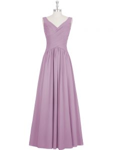 Luxury Floor Length Purple Prom Evening Gown Chiffon Sleeveless Ruching