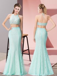 Stunning Apple Green Backless Halter Top Beading Prom Party Dress Lace Sleeveless