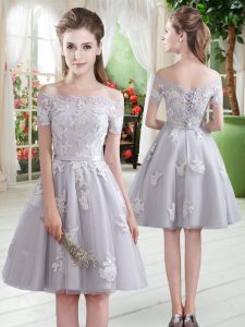 Short Sleeves Lace Up Knee Length Appliques Evening Dress