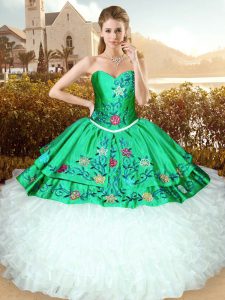 Customized Sleeveless Lace Up Floor Length Embroidery and Ruffles Quinceanera Gown