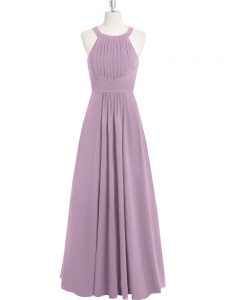 Colorful Halter Top Sleeveless Evening Dress Floor Length Ruching Purple Chiffon