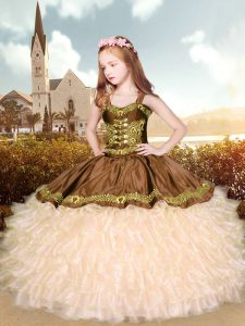 Hot Selling Straps Sleeveless Lace Up Embroidery Little Girls Pageant Dress Wholesale in Brown