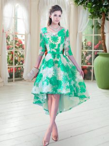 Gorgeous Turquoise Lace Up Prom Evening Gown Belt Half Sleeves High Low