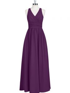 Sweet Sleeveless Chiffon Floor Length Zipper Prom Gown in Eggplant Purple with Ruching