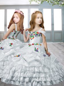 Cheap White Lace Up Off The Shoulder Embroidery and Ruffled Layers Pageant Dress for Teens Organza Sleeveless