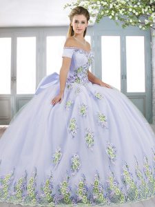 Great Lavender Off The Shoulder Lace Up Beading and Appliques and Bowknot Quinceanera Gowns Short Sleeves