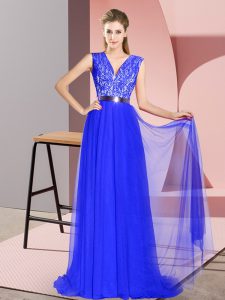 New Arrival Tulle V-neck Sleeveless Sweep Train Zipper Beading and Lace Dress for Prom in Royal Blue