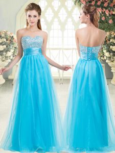 Beading Evening Dresses Aqua Blue Lace Up Sleeveless Floor Length