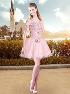 Pink Evening Dress Prom and Party and Military Ball with Beading Off The Shoulder Sleeveless Lace Up