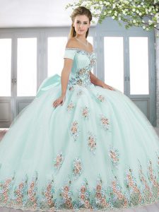 On Sale Light Blue Ball Gowns Beading and Bowknot Quinceanera Dresses Lace Up Tulle Short Sleeves Floor Length