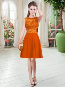 Satin Scalloped Sleeveless Zipper Lace Prom Dress in Orange Red