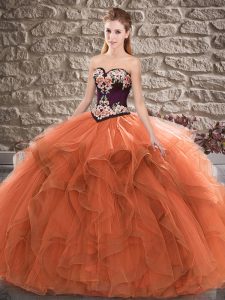 Sweet Orange Ball Gowns Tulle Sweetheart Sleeveless Beading and Embroidery Floor Length Lace Up Ball Gown Prom Dress