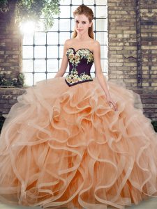 Ideal Peach Sweetheart Lace Up Embroidery and Ruffles Quince Ball Gowns Sweep Train Sleeveless