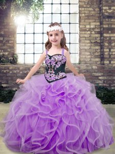 Straps Sleeveless Lace Up Kids Formal Wear Lavender Tulle