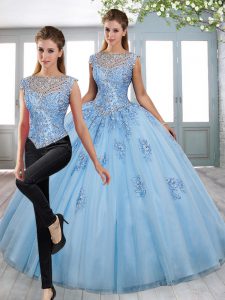 Affordable Blue Sleeveless Sweep Train Beading and Lace Quinceanera Dress