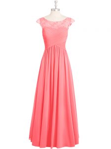 Deluxe Pink Zipper Prom Evening Gown Lace Cap Sleeves Floor Length