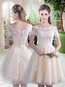 Champagne A-line Tulle Off The Shoulder Short Sleeves Lace Knee Length Lace Up Prom Dresses
