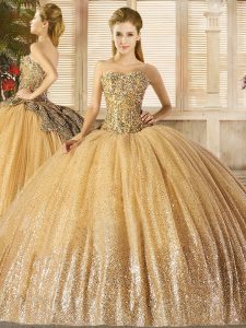Flare Gold Quinceanera Dresses Sweetheart Sleeveless Sweep Train Lace Up